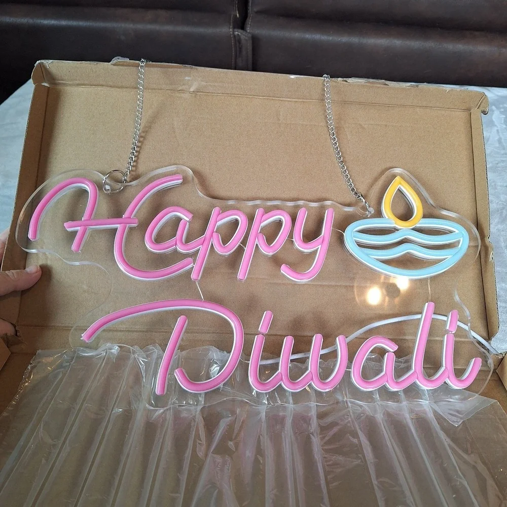 Happy Diwali Neon Sign LED Oil Lamp Festival of Light Wall Decor